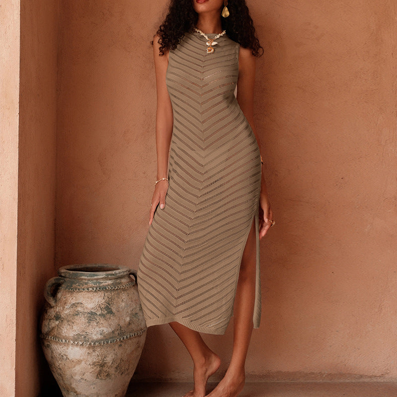 Damen Elegantes Strick-Maxikleid mit asymmetrischem Saum und seitlichem Schlitz Drune
