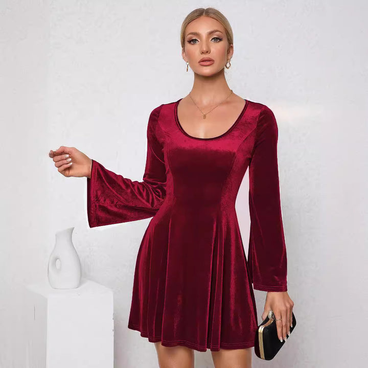 Damen Samt Minikleid mit weitem Ärmel und elegantem Rundhalsausschnitt Drune