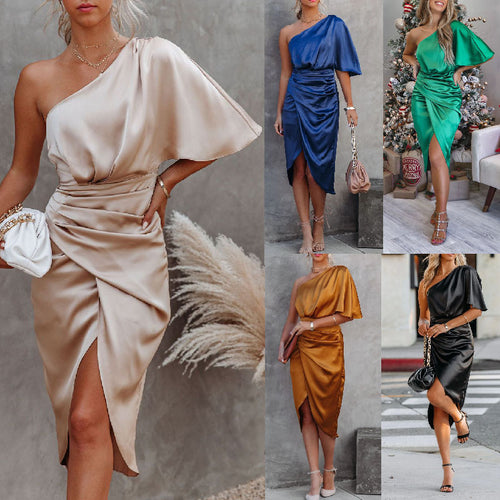 Damen Satin Abendkleid mit asymmetrischem Design und raffinierten Rüschen Drune