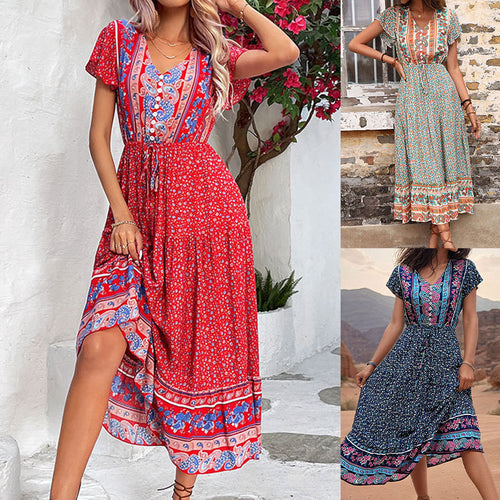 Damen Maxi-Kleid mit floralen Details und elastischem Taillenzug Drune