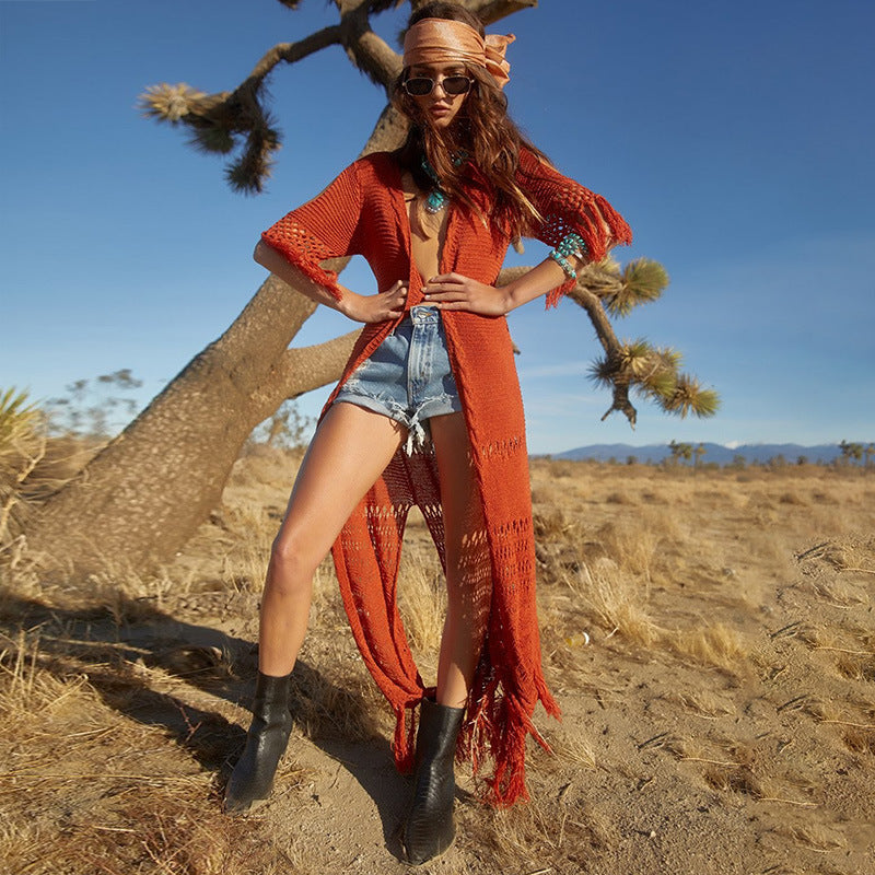 Damen Häkel-Strandkimono mit fransigen Details und Bindegürtel Drune