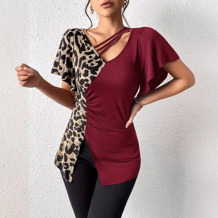 Damen nan asymmetrische Stretch-Tunika mit Leopardenprint-Seiteneinsatz und Mehrfachträgern Drune