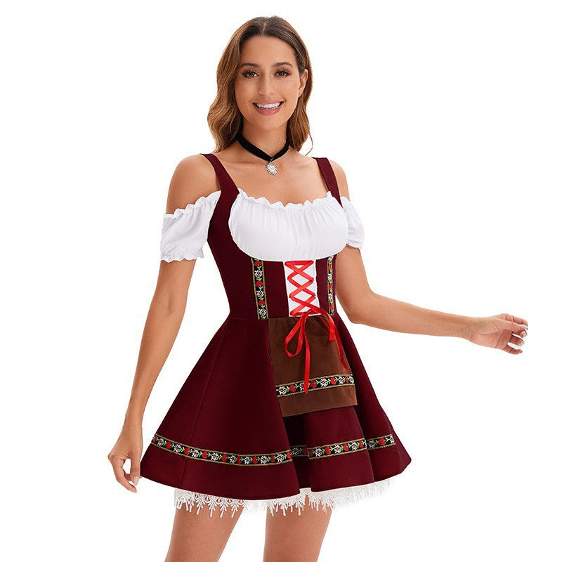 Damen nan kurzes Trachtenkleid im Dirndlstil mit Schnürung, schulterfreiem Carmen-Ausschnitt und Zierschürze Drune