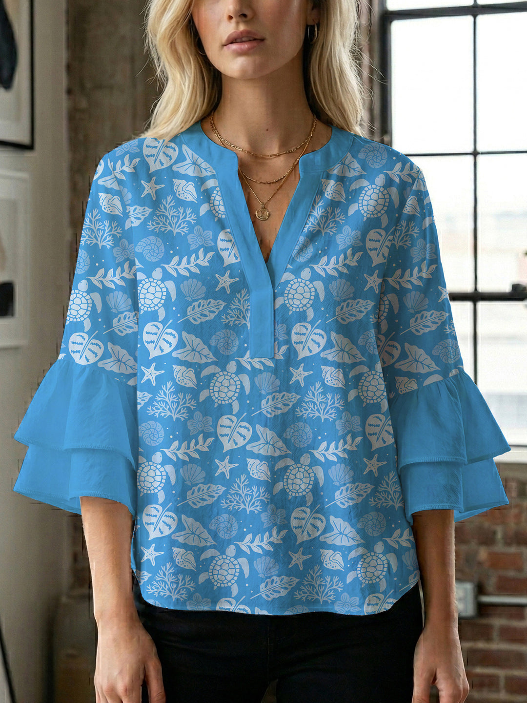 Damen Bluse mit voluminösen Rüschenärmeln und modernem Motiv Drune