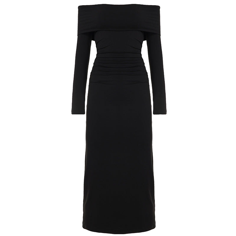 Damen nan figurbetontes Off-Shoulder-Maxikleid mit langen Ärmeln und Kontrastpaspeln Drune