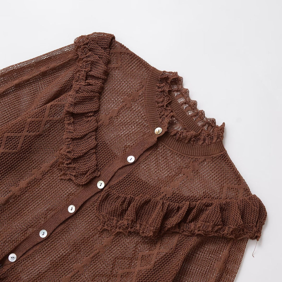 Damen Verspielte Strickjacke mit Rüschen und Knopfdetails Drune