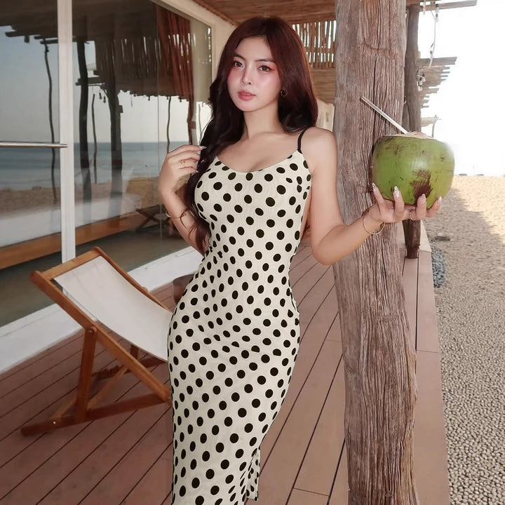 Damen Polka-Dots Maxikleid mit Spaghettiträgern und elegantem Schnitt Drune
