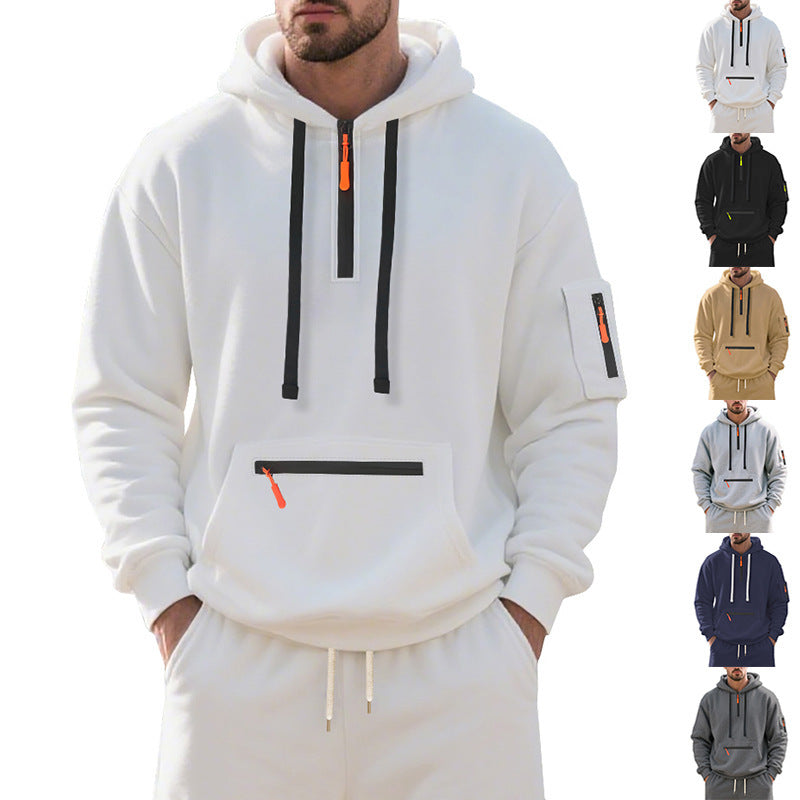 Herren nan technischer Freizeit-Hoodie mit kurzem mittigem Reißverschluss, Reißverschluss-Kängurutasche und Ärmeltasche Drune