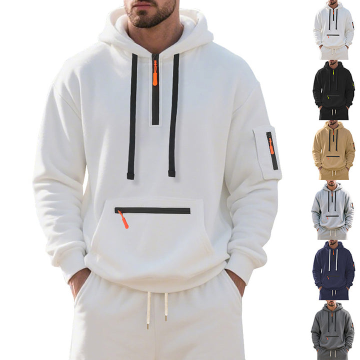 Herren nan technischer Freizeit-Hoodie mit kurzem mittigem Reißverschluss, Reißverschluss-Kängurutasche und Ärmeltasche Drune