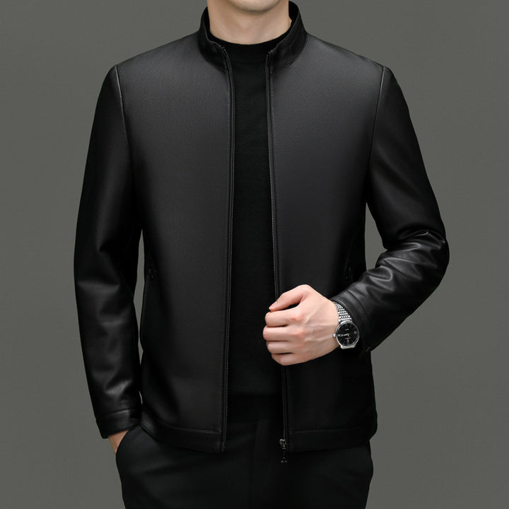 Herren moderne Kunstlederjacke mit hohem Stehkragen und praktischen Reißverschlusstaschen Drune