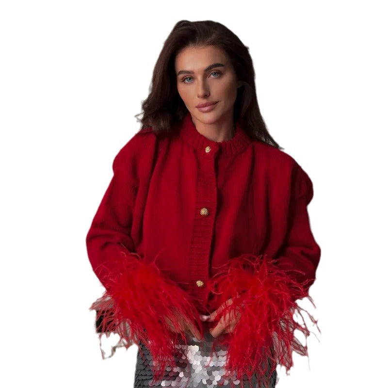 Damen Schicke Strickjacke mit auffälligen Federärmeln Drune