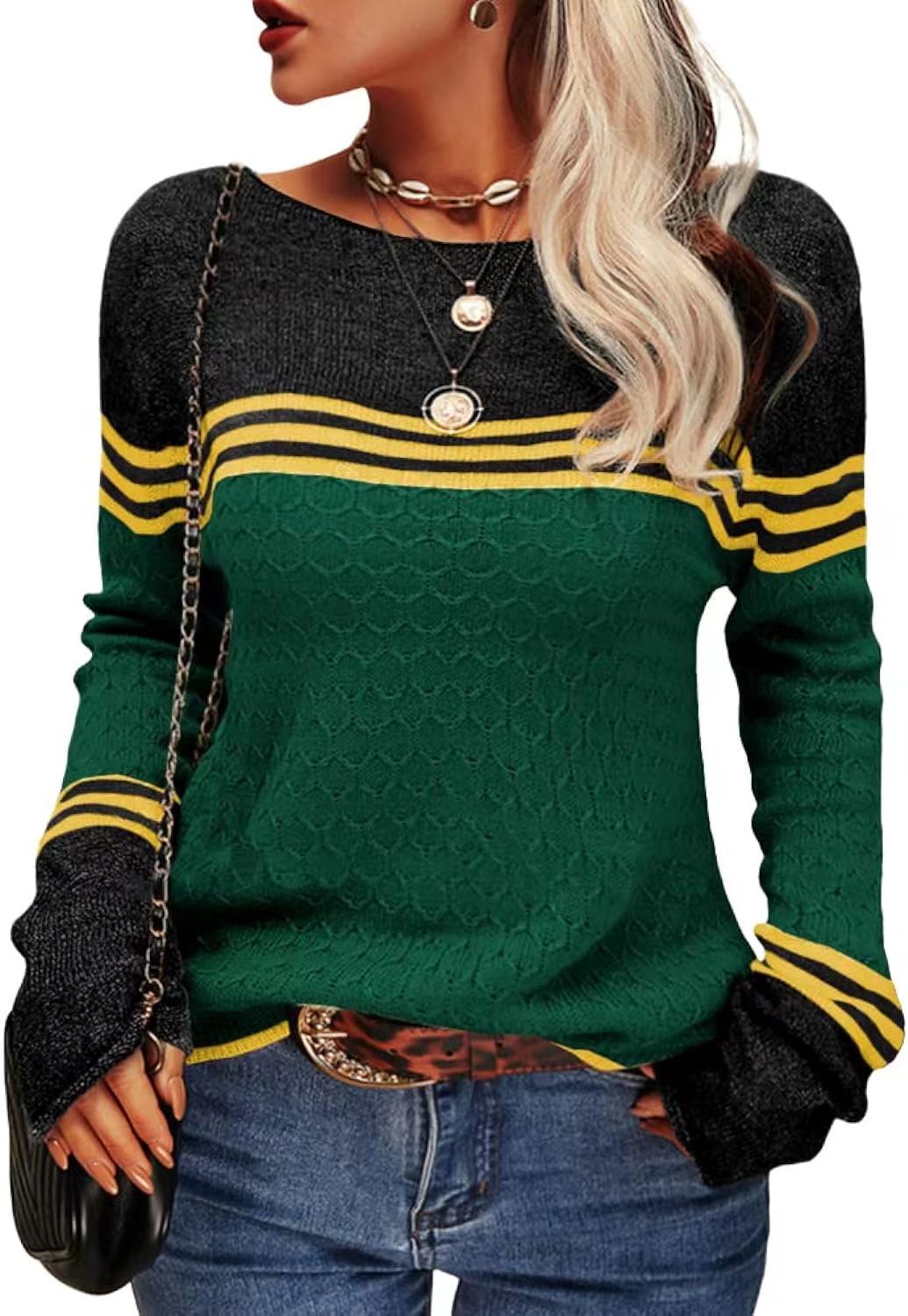 Damen lässiger Strickpullover mit kontrastierenden Farbblöcken und einzigartiger Textur Drune