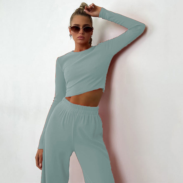 Damen nan geripptes Cropped-Longsleeve mit weiter High-Waist-Loungehose Set Drune