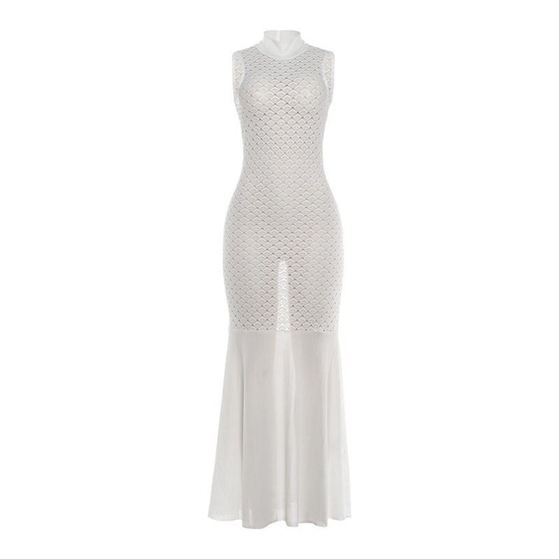 Damen Maxikleid mit transparentem Spitzenmuster und schickem Schlitz Drune
