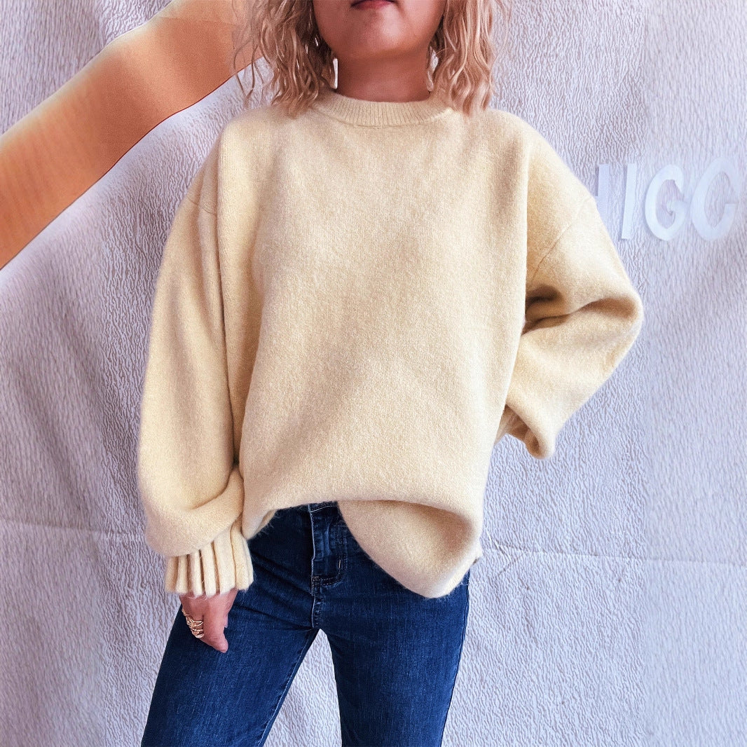 Damen lässiger Strickpullover mit weitem Rundhalsausschnitt und fluffiger Textur Drune
