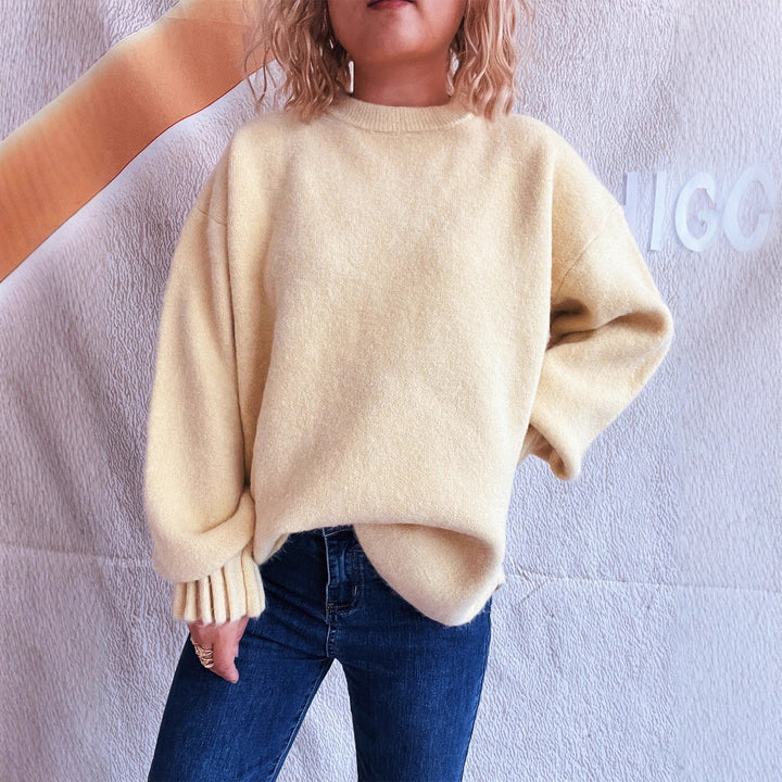 Damen lässiger Strickpullover mit weitem Rundhalsausschnitt und fluffiger Textur Drune