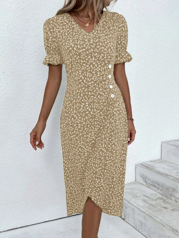 Damen Midikleid mit floralen Mustern und schmeichelndem V-Ausschnitt Drune