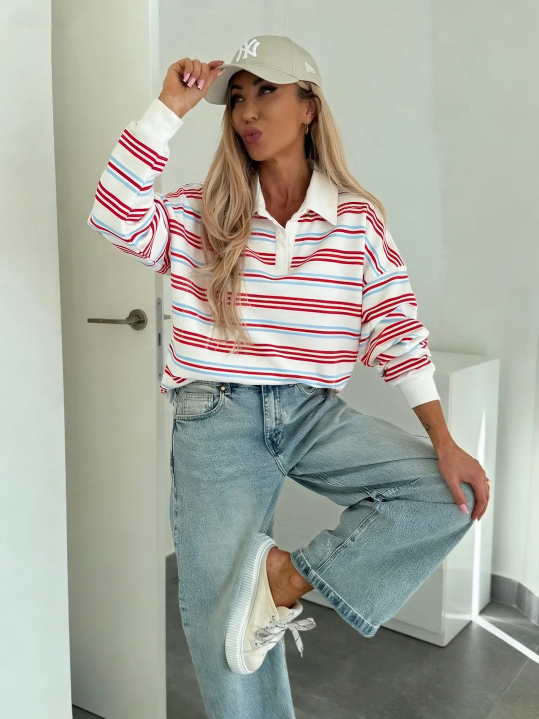 Damen Lässiger Polo-Sweater mit Streifenmuster und weitem Schnitt Drune