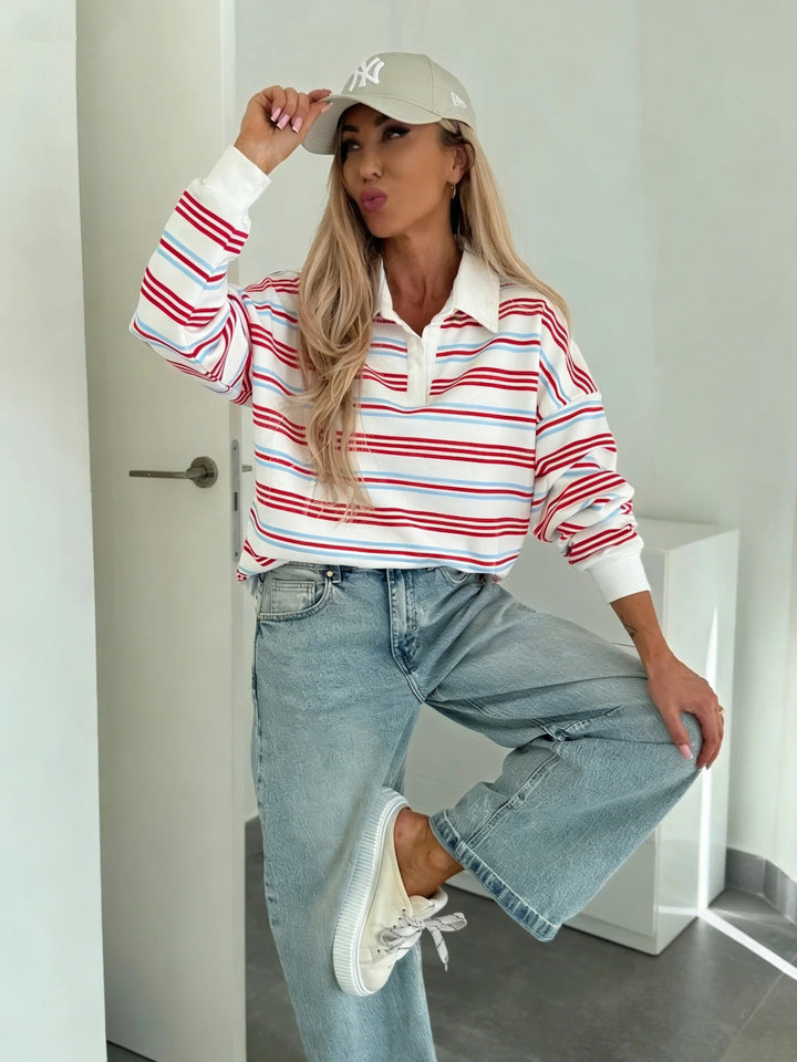 Damen Lässiger Polo-Sweater mit Streifenmuster und weitem Schnitt Drune
