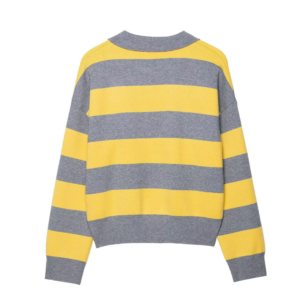 Damen modischer Poloshirt-Pullover mit breiten Streifen und kurzen Ärmeln Drune