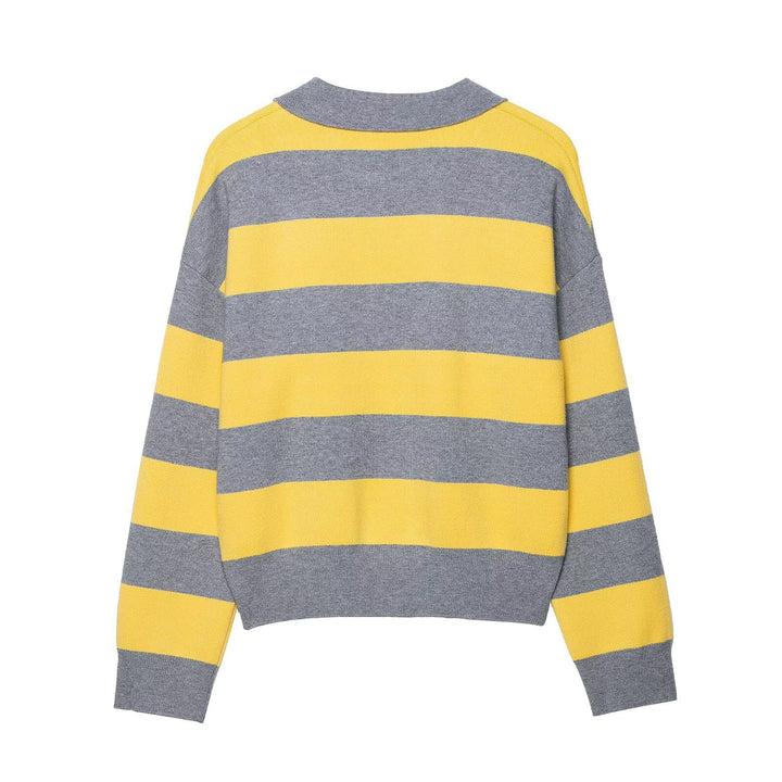 Damen modischer Poloshirt-Pullover mit breiten Streifen und kurzen Ärmeln Drune