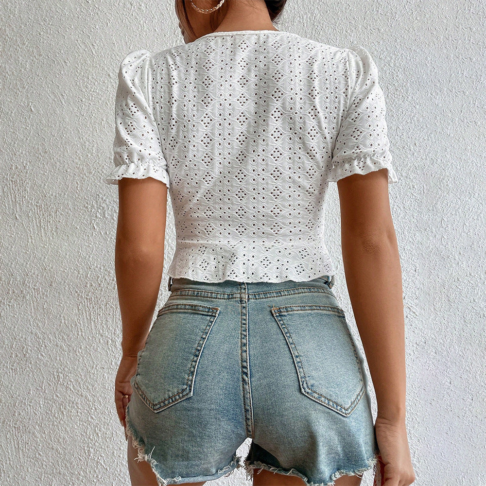 Damen Kurzarm Bluse mit Rüschendetails und lockerer Passform Drune