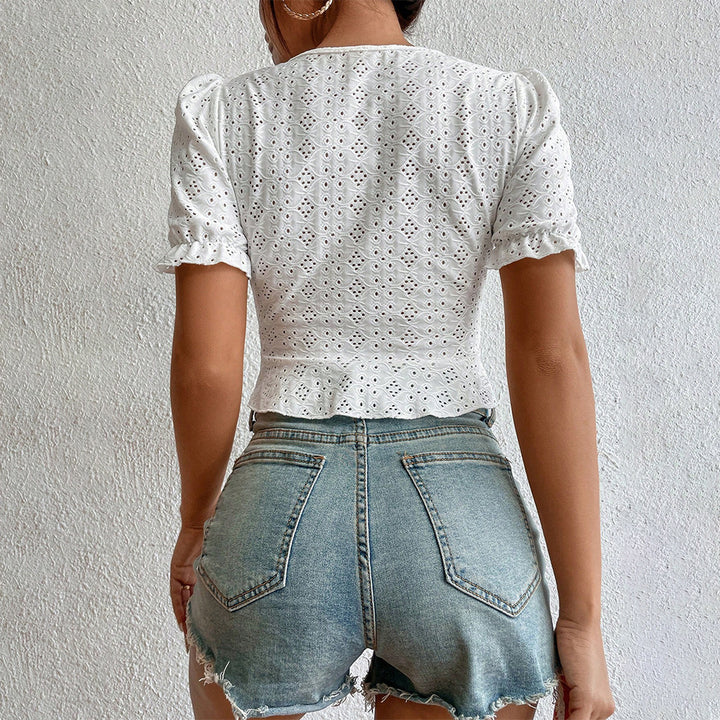 Damen Kurzarm Bluse mit Rüschendetails und lockerer Passform Drune