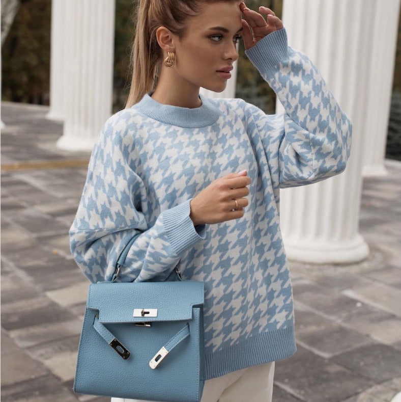 Damen Oversized Strickpullover mit Karomuster Drune
