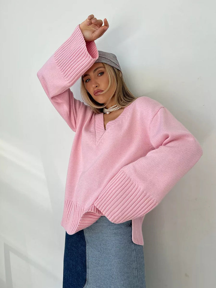 Damen nan oversized Feinstrickpullover mit tiefem V-Ausschnitt, gerippten Bündchen und lockerer Silhouette Drune
