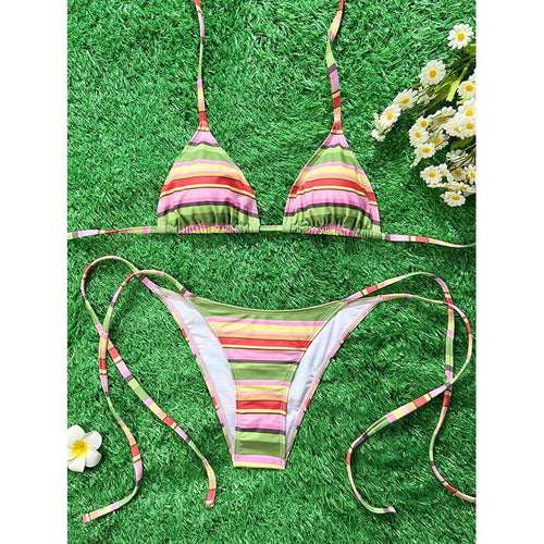 Damen Triangel-Bikini mit verstellbaren Trägern und buntem Streifenmuster Drune