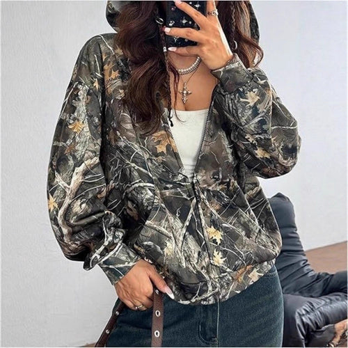 Damen Kapuzenjacke mit camouflage Muster und lockerer Passform Drune