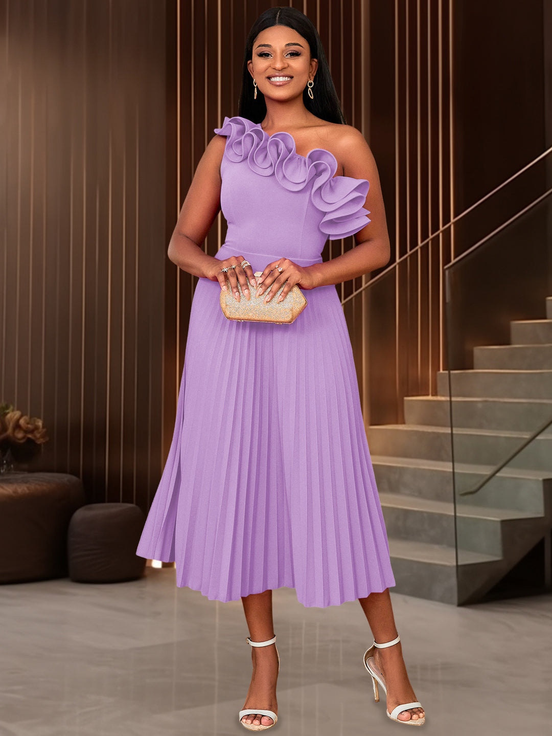 Damen Elegantes Midi-Kleid mit asymmetrischem Rüschen-Ausschnitt Drune