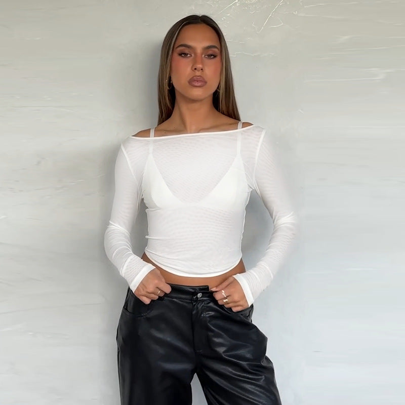 Damen Langarm-Top mit transparentem Netzdesign und schulterfreier Optik Drune