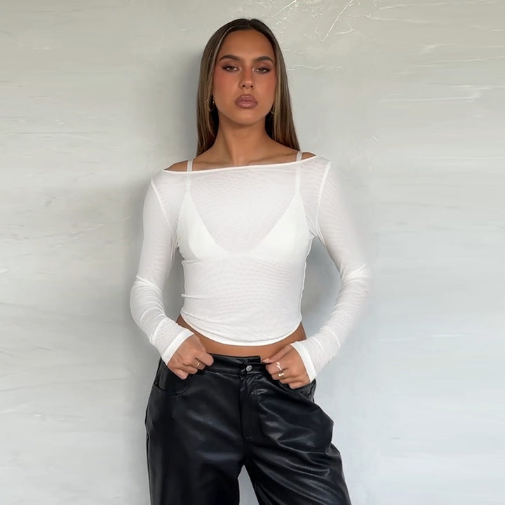 Damen Langarm-Top mit transparentem Netzdesign und schulterfreier Optik Drune