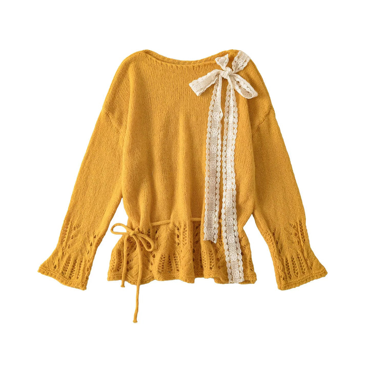 Damen stylisches Strickoberteil mit eleganter Raffinesse und Bindebändern Drune