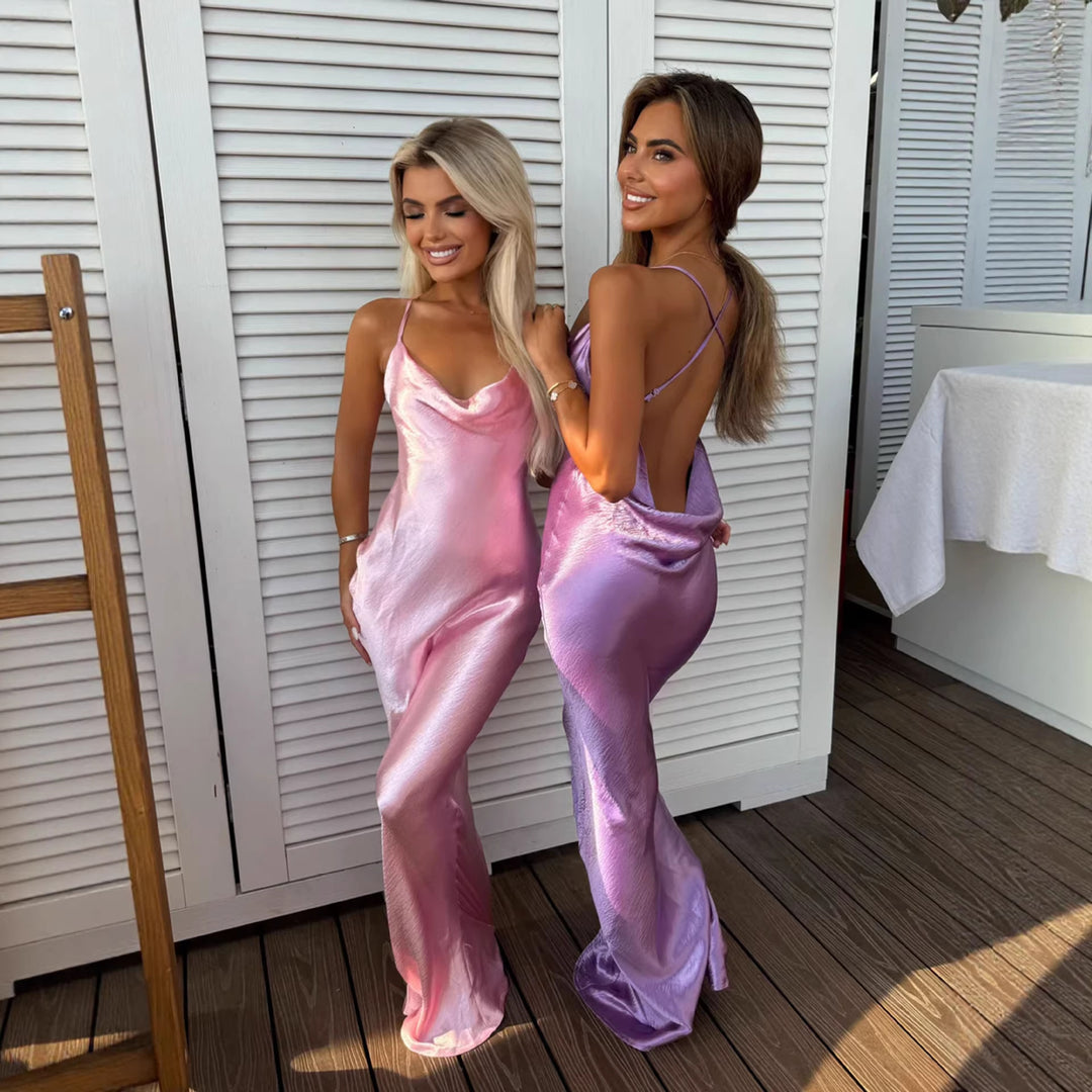 Damen Glamouröses Abendkleid mit schimmerndem Satin und spaghettiträgern Drune