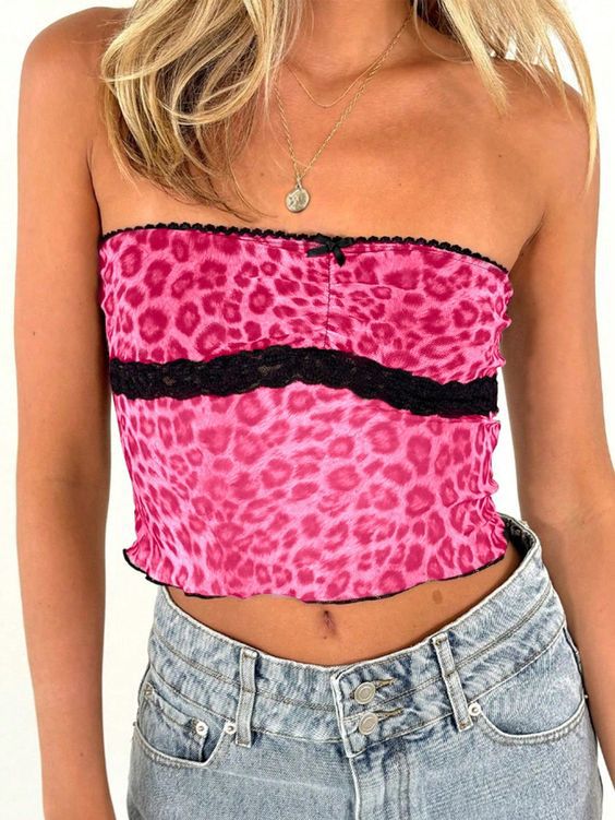 Damen Bandeau-Top mit trendigem Leopardenmuster und zarter Spitzenkante Drune