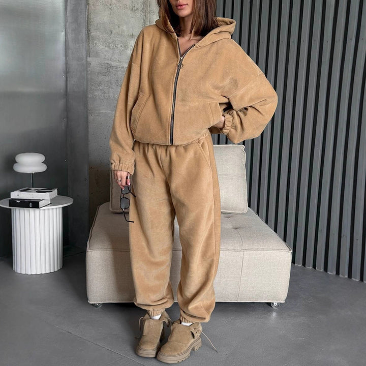Damen Bequemer Velours-Jogginganzug mit Kapuze und Reißverschluss Drune