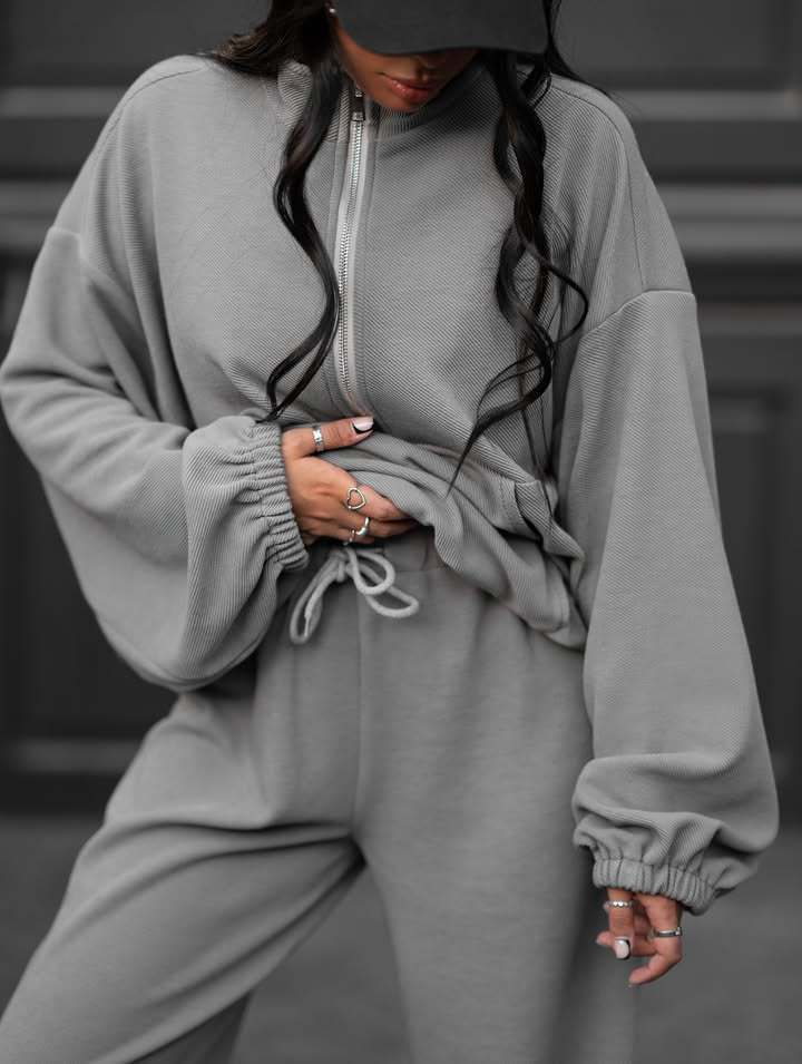 Damen lässiger Zip-Pullover mit weiten Ärmeln und bequemen Jogginghosen Drune