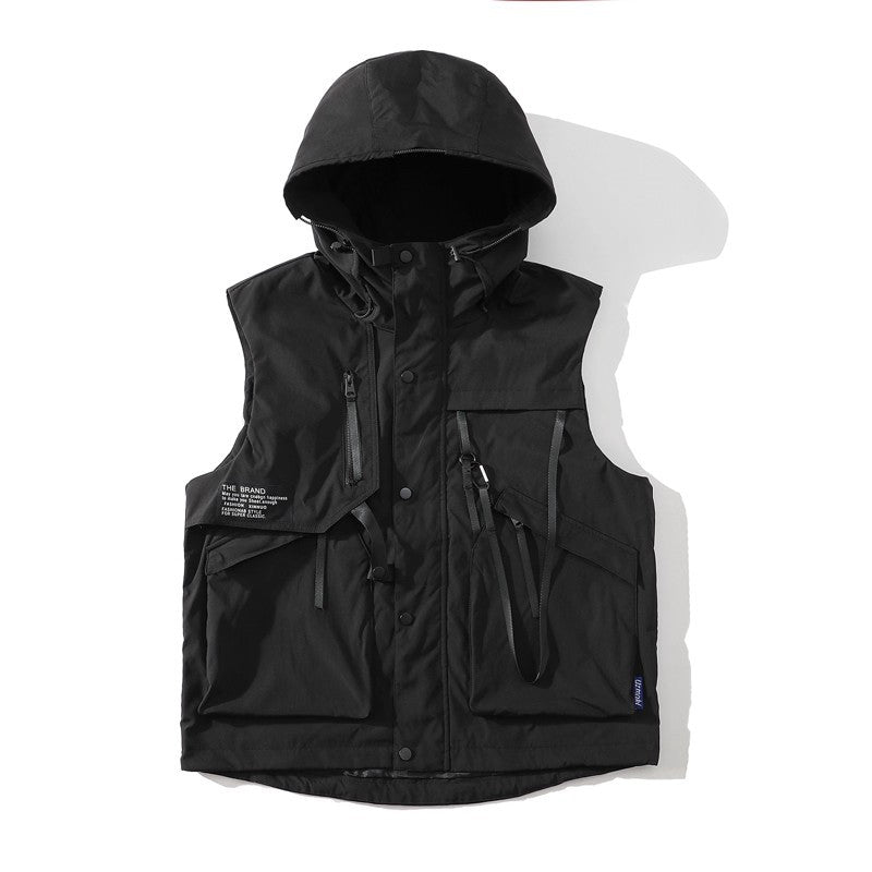 Herren funktionale Outdoor-Weste mit verstellbarem Kapuzendesign und vielseitigen Taschen Drune