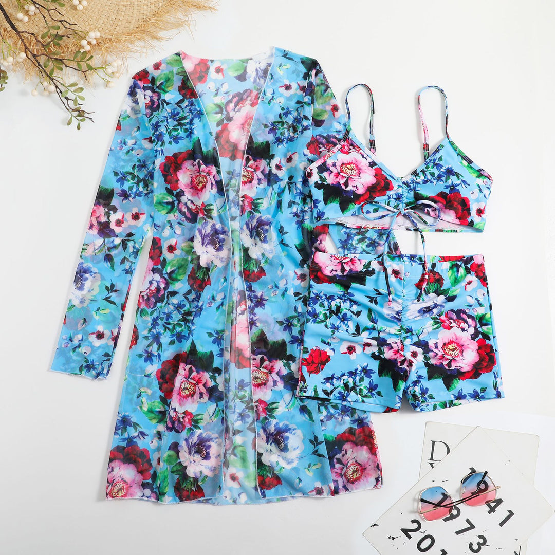 Damen Strandset mit floralem Kimono und Crop-Top Drune