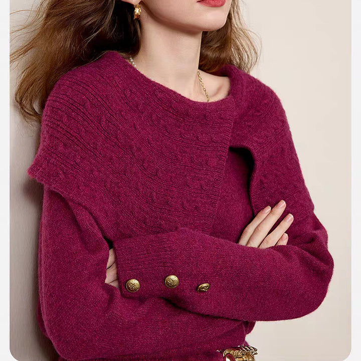 Damen eleganter Waldgrün Pullover mit hochwertigem strukturiertem Kragen Drune
