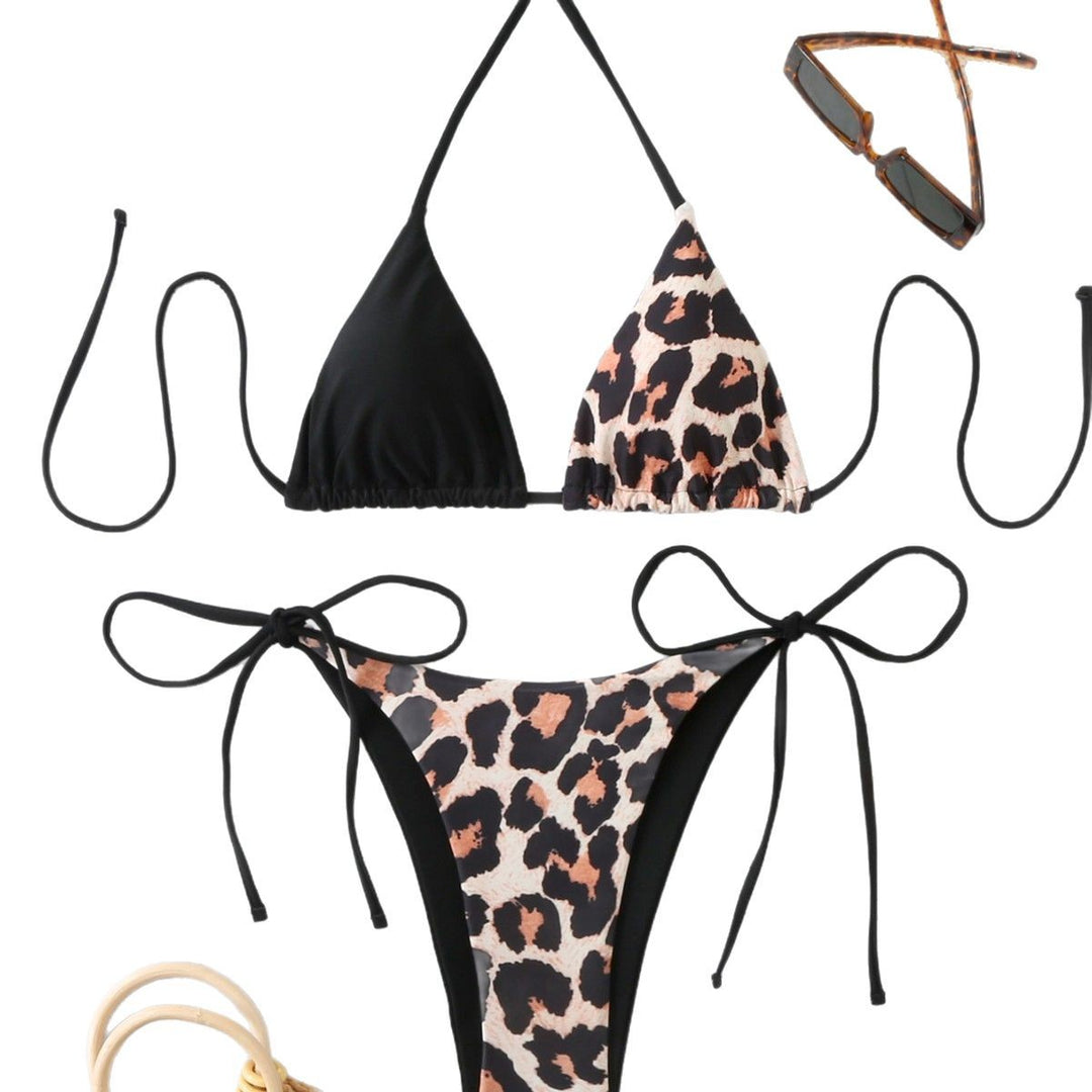 Damen Triangel-Bikini mit doppeltem Leopardenmuster und verstellbaren Seitenschnüren Drune