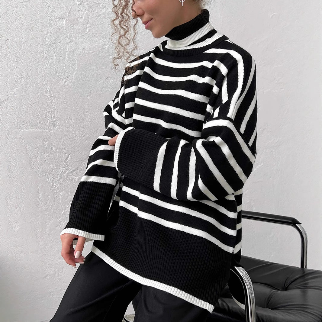 Damen modischer gestreifter Strickpullover mit Stehkragen Drune
