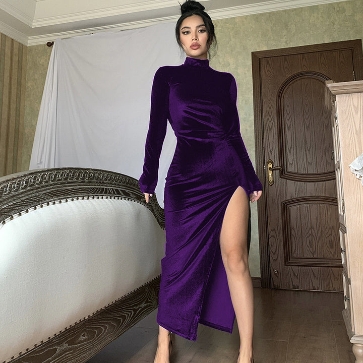 Damen Elegantes Samt-Maxi-Kleid mit hohem Schlitz und Stehkragen Drune