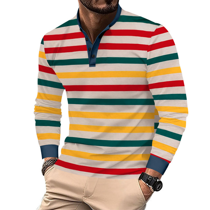 Herren nan gestreiftes Henley-Langarmshirt mit Stehkragen und feiner Baumwollmischung Drune