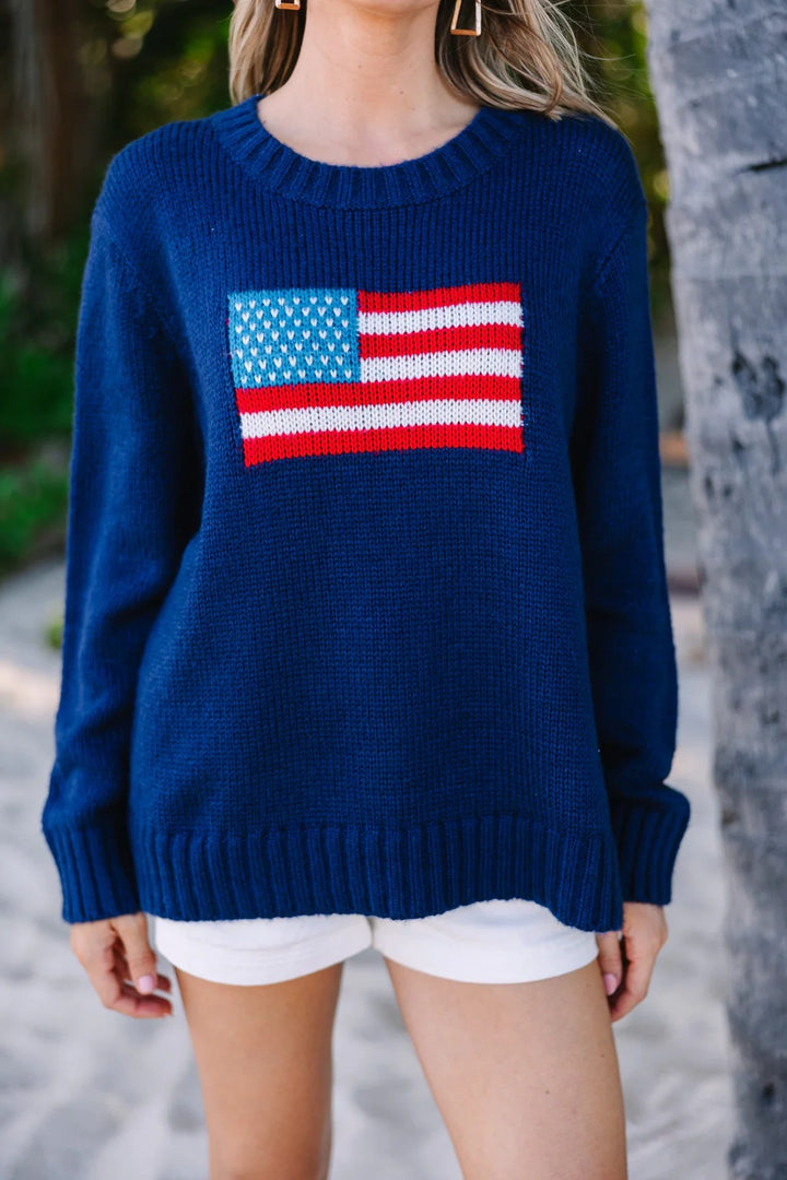 Damen trendiger Pullover mit USA-Flaggenstickerei aus luftiger Baumwolle Drune