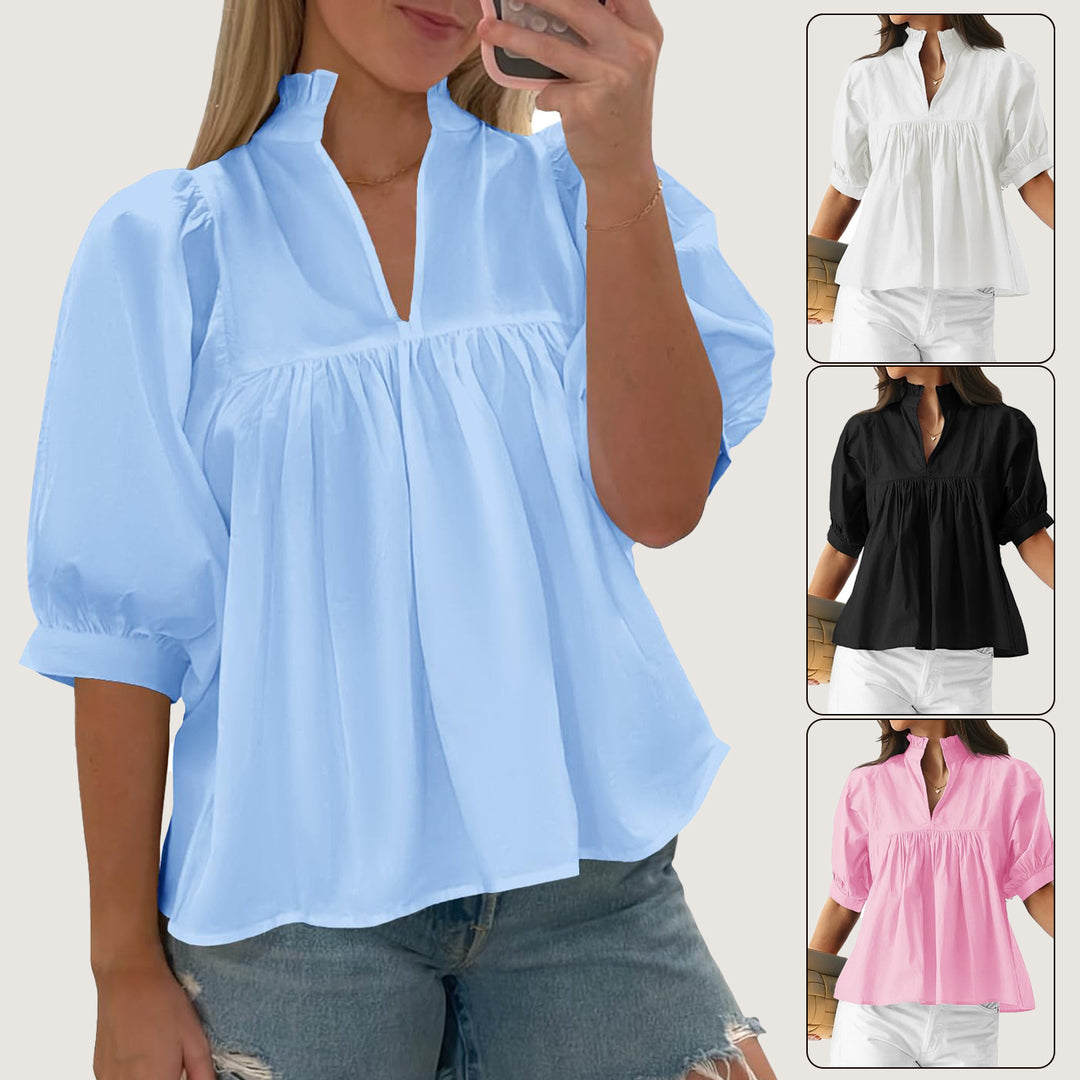 Damen Bluse mit Stehkragen und gepufften Ärmeln Drune