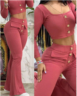 Damen modisches cropped Oberteil mit Flared-Hose und Knopfdetails Drune