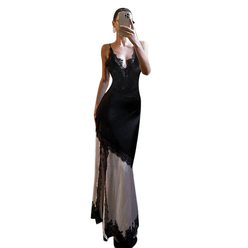 Damen elegantes Maxikleid mit Spitzenapplikationen und tiefem V-Ausschnitt Drune